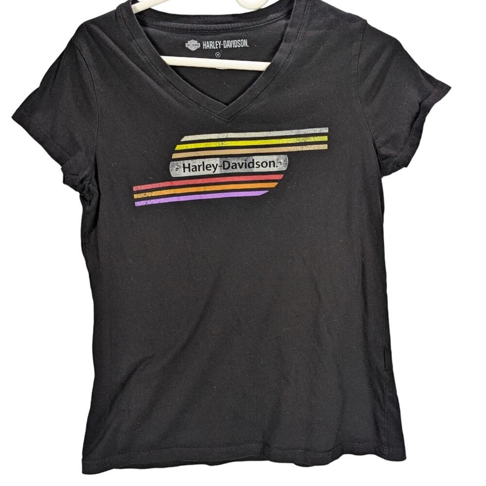 Harley Davidson shirt Womens Medium Black Faded V Neck Retro Rainbow Graphic
